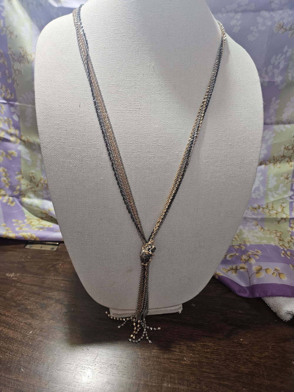 Natasha 5 Strand & Three-Tone Gold and Silver Lariat Knotted Necklace